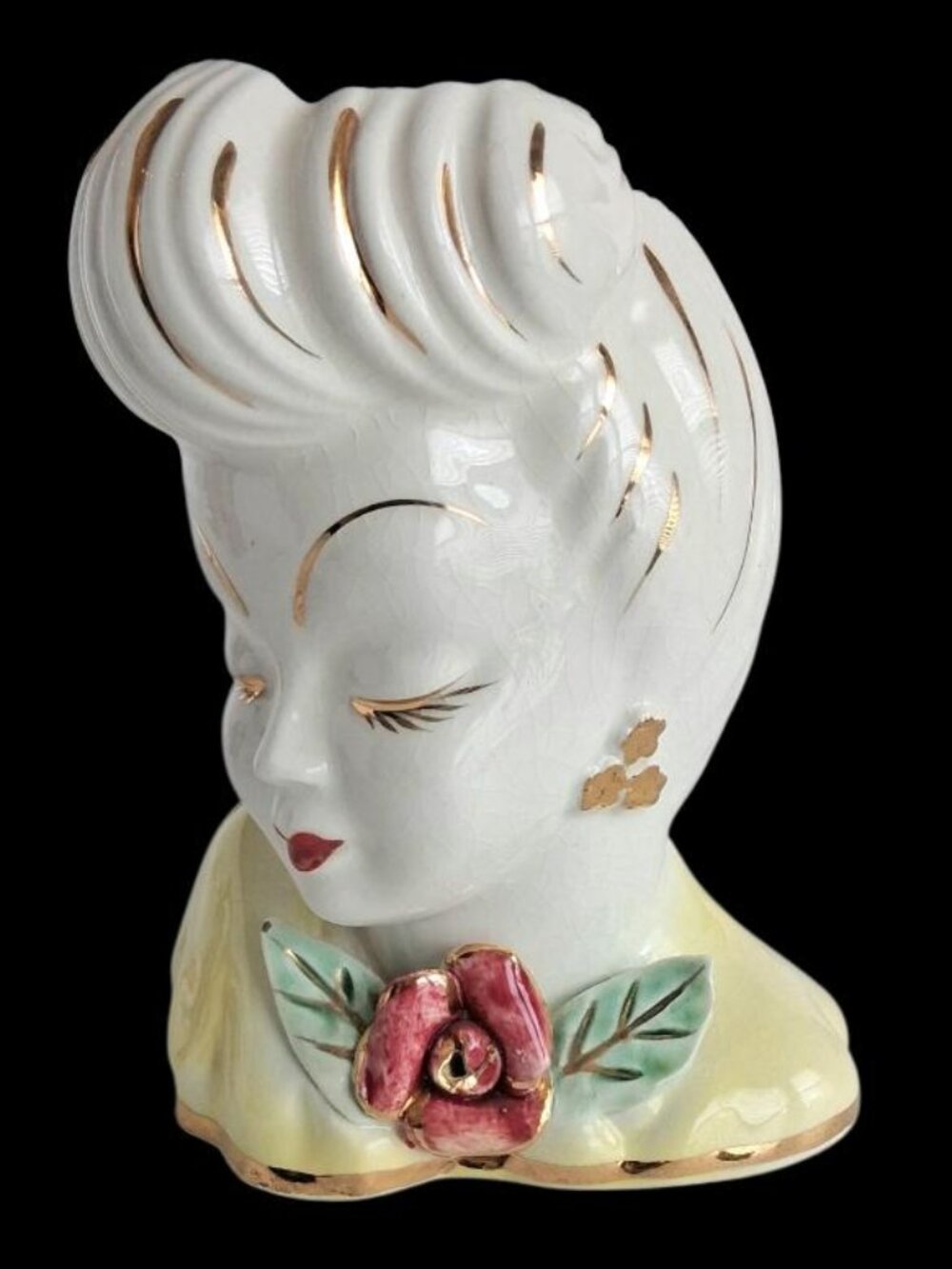 RARE Vintage Lefton PY541 Ceramic Lady Head Vase Yellow